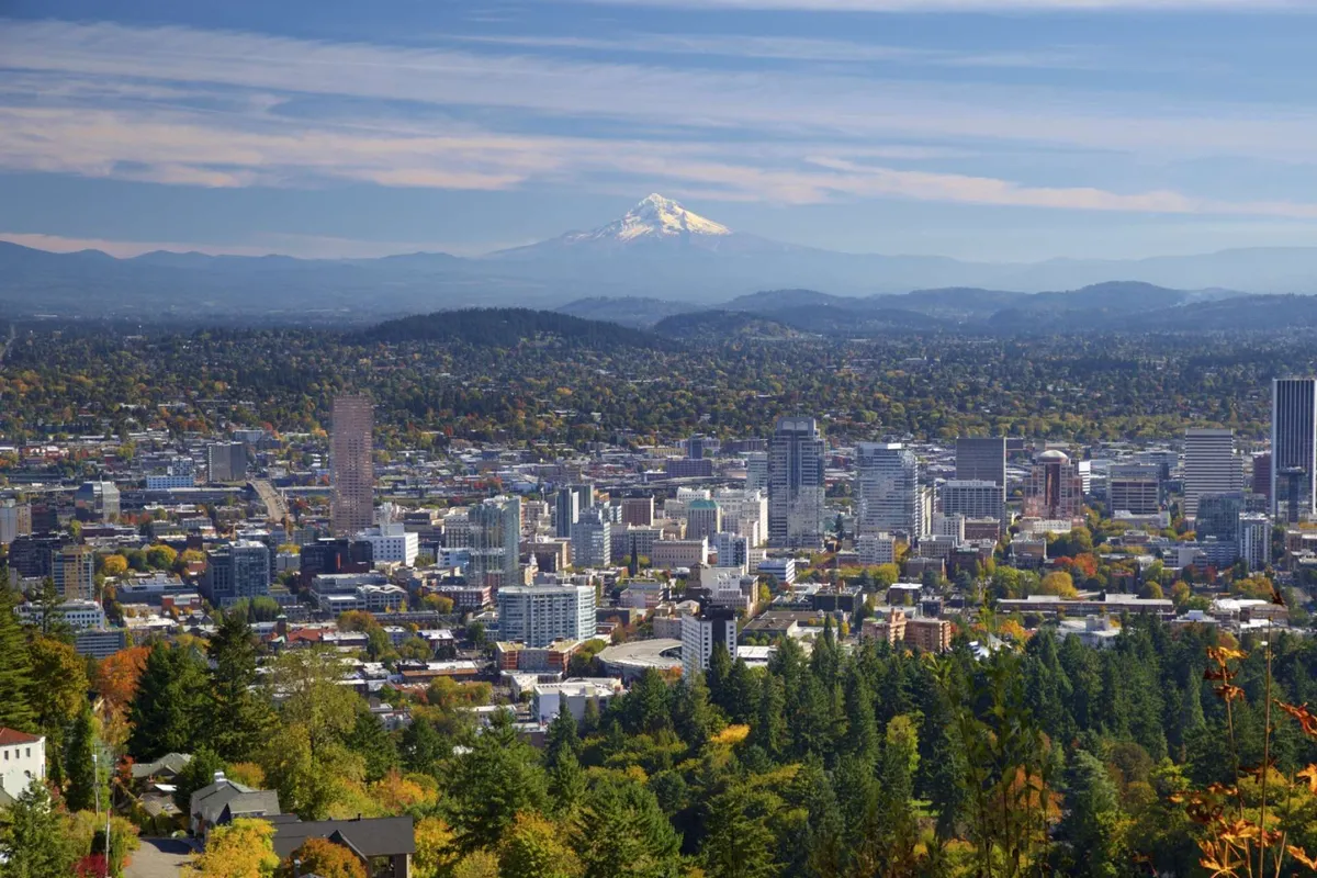 A sweeping view featuring lush greenery in the foreground, with the downtown skyline and Mount Hood visible in the background. The scene evokes the beauty of the local natural landscape and hints at opportunities for hiking, photography, and urban exploration.