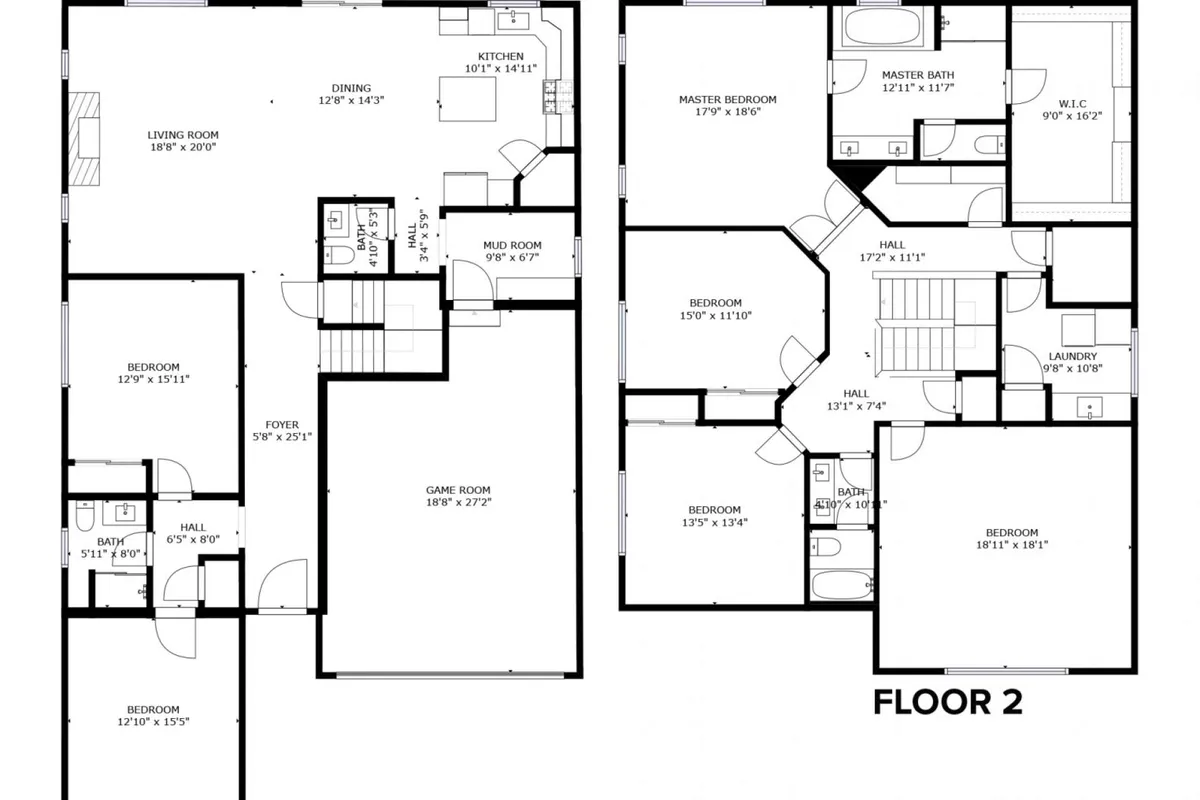 This image offers a wide-angle view of the home's main gathering spaces, featuring the kitchen, dining area, living room, and a peek into the game room. The open-plan layout is visible, showcasing the home’s capacity to host group meals, game nights, and relaxed socializing after a day of exploration.