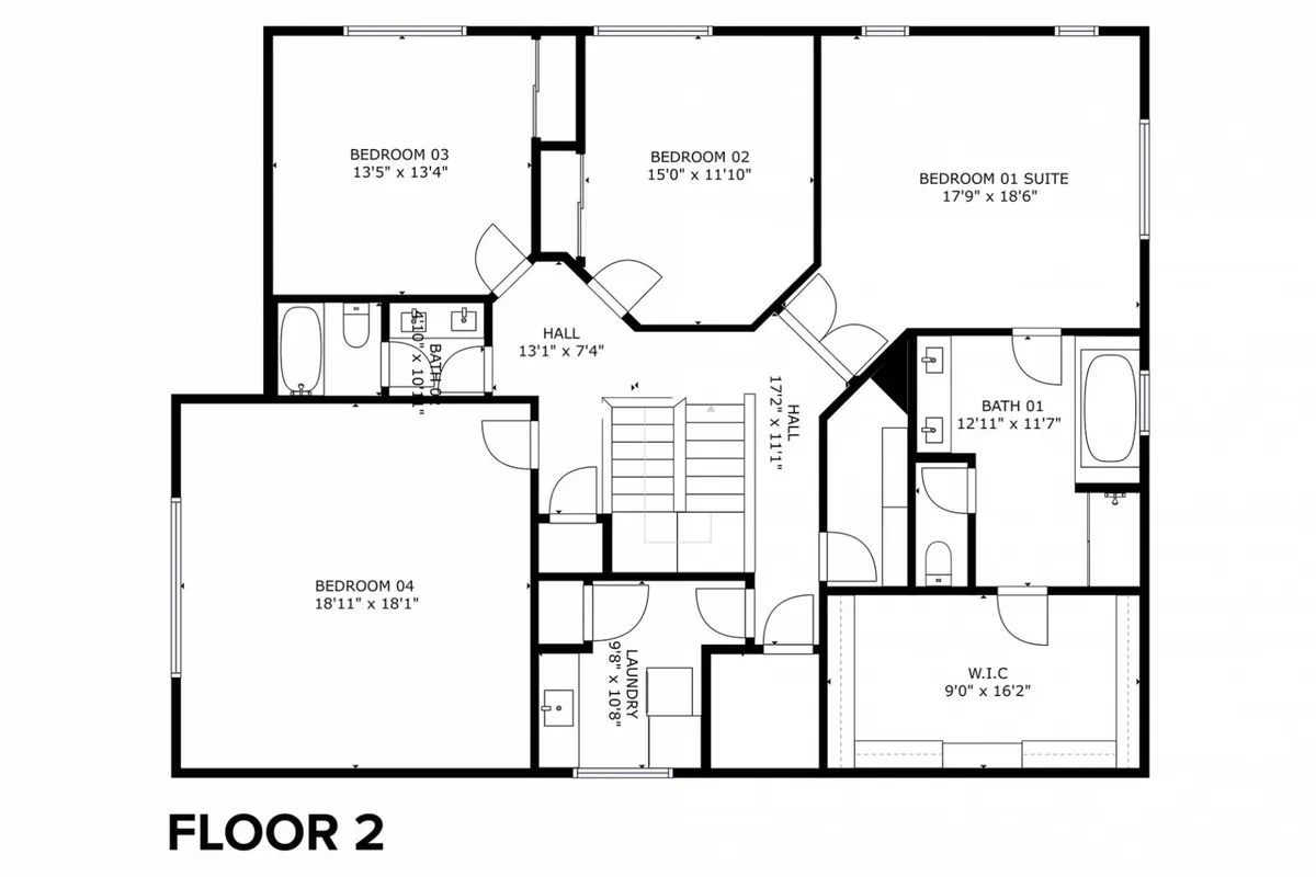 A bright interior view showcases hallways connecting bedrooms, a bathroom, and stairs, providing a sense of flow within the home. The scene hints at multiple private and communal spaces, suggesting a layout where guests can easily find quiet corners for work or relaxation while staying connected to the rest of the group.